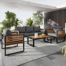 Merax Large Size 4-Pieces Outdoor Wood Sofa, Conversation Set for 5 Person, with Removable Cushions, Waterproof & UV-Resistant, Modern Patio Garden Set, Gray