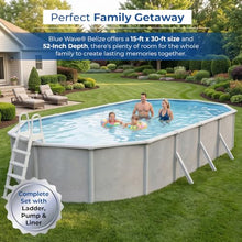 Blue Wave Belize 15x30-ft Oval 52-in Deep Hard Sided Steel Wall Above Ground Pool with 6-in Steel Top Seats, Dual-Speed Sand Filter System, Ladder, Skimmer & Liner – 9,900 Gallon Cap for Family Use