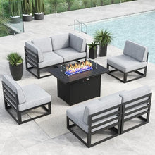 LayinSun Large Aluminum Patio Furniture Set with Fire Pit Table, 7 Pieces Outdoor Sectional Sofa Set Black/Light Grey