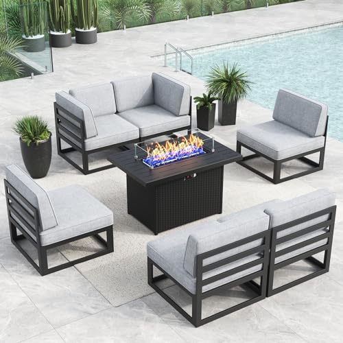 LayinSun Large Aluminum Patio Furniture Set with Fire Pit Table, 7 Pieces Outdoor Sectional Sofa Set Black/Light Grey