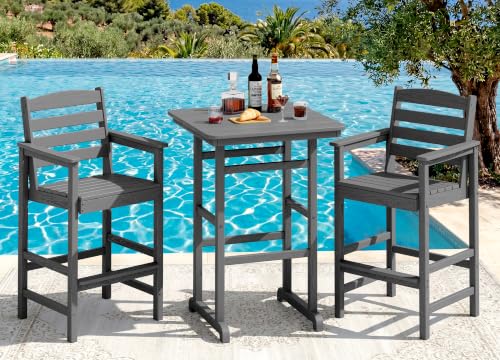 SERWALL 3 Pcs HDPE Bar Height Adirondack Chairs and Bar Table Set, Grey