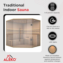 ALEKO Traditional Indoor Sauna Canadian Hemlock Wood 5-6 Person LED Lights Wet Steam Dry Sauna UL Certified 6kW Harvia Sauna Heater SEA5JIU