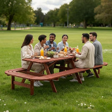 KEIKI Large Wooden Picnic Table with Benches, 8-Foot Outdoor Dining Table for 14–16 People, Patio Garden Table with Umbrella Hole, Brown