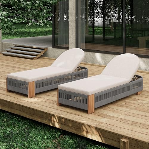 Christopher Knight Home Daskz Patio Chaise Lounge Chair Set of 2, Patio Outdoor Acacia Wood Chaise Lounge with Cushions, Adjustable Backrest Poolside Beach Yard Seating, Rope Design, 79.5'',Teak+Gray