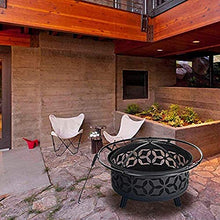 Fire Pit BBQ Grill Fire Bowl Steel Hearth with Cutouts for Patio Fireplace Sledgehammer Pattern and Screen Included Outdoor Pit Black