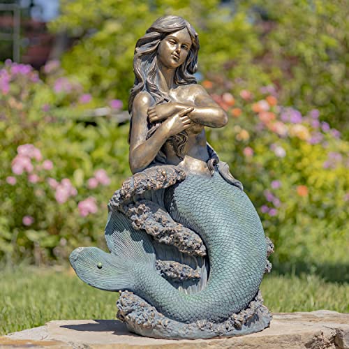 Zaer Ltd. Magnesium-Based Cement Mermaid Statues for Both Indoor and Outdoor Use (Sitting on a Rock Dezlynn)
