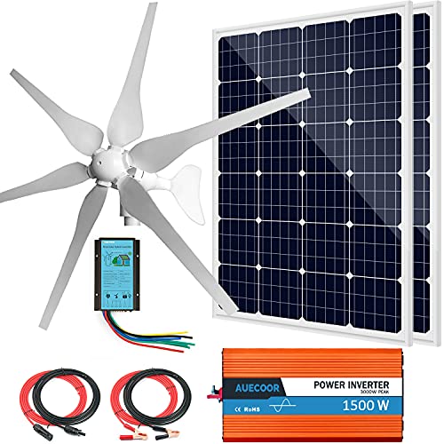 AUECOOR 640W Solar Wind Generator Kit: 24V 400W Wind Turbine + 2pcs 120W Solar Panel+ 1pcs 1500W Inverter Off Grid for Homes Boat