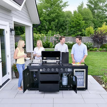 Outdoor Kitchen Island with Built in Grill, 4 Burner 71500 BTU Stainless Steel Gas Barbecue Island, Patio Cooking Station with Refrigerator & Sink, Built In Grill Island for Backyard (Black)