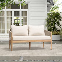Christopher Knight Home Katarina Patio Acacia Wood Loveseat Furniture, Outdoor Loveseat Sofa with Comfy Fabric Cushions, 2-Seater Sofa with Handwoven Rope Backrest for Garden, Light Brown+Beige
