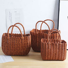 FENOKD Picnic Baskets Plastic Imitated Rattan Wicker Bag Portable Picnic Basket Shopping Bag Woven Grocery Basket Fruit Snack Food Storage Basket，