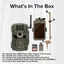 Stealth Cam 36MP Fusion Max Cellular Trail Camera Bundle with Solar Panel, Mounting Post, 32GB Memory Card, and Card Reader (41 Items)