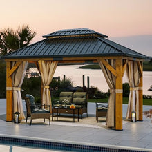 YITAHOME 11x13FT Wooden Frame Gazebo Double Roof Hardtop Canopy with Curtain and Netting Beige Yellow