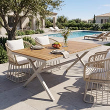 Christopher Knight Home Rado 55”L Wooden Outdoor Dining Table with Steel Frame, Sturdy Rectangular Patio Table for 4-6 People, Dining Room Table with Slatted Design and X-Shaped Legs, Teak + Beige