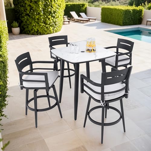 KEIKI 5-Piece Outdoor Bar Set with Swivel Chairs, Sintered Stone Patio Bar Table with 4 Cushioned Stools, Metal High Top Dining Set with Umbrella Hole & Cushions for Garden, Yard, Terrace, Lawn, White