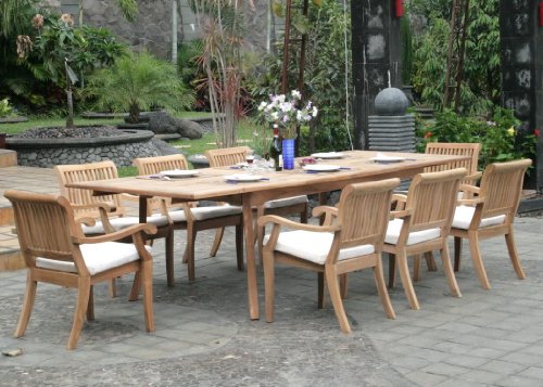 TeakStation 8 Seater Grade-A Teak Wood 9pc Dining Set:Large 117" Rectangle Table and 8 Arbor Stacking Arm Chairs #TSDSAB8