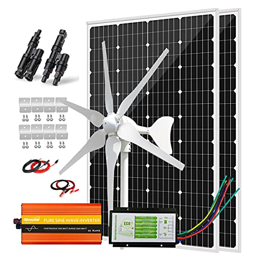 400W Wind Turbine Generator + 2pcs 120W Mono Solar Panels + Hybrid Charge Controller + 2000W Power Inverter +Accessory - 640W Wind Solar Power Kit for Motorhome
