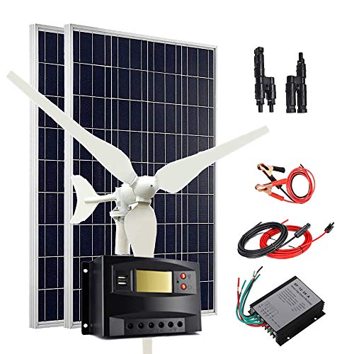300W Wind Solar Power Kit for Charging 12V Battery: 100W Wind Turbine Generator + 2pcs 100W Polycrystalline Solar Panel + Wind Controller + Solar Charge Regulator + Cables