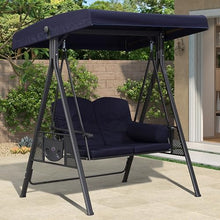 2-Seat Outdoor Porch Swing with Alloy Steel Frame, Patio Swing Chair with Adjustable Canopy & Side Storage Trays, A-Frame Structure, for Backyard Lawn Garden Park(Blue)