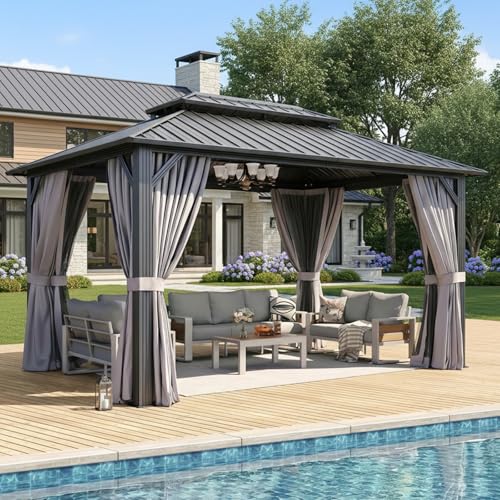 Aoxun Gazebo 10x14 Hardtop Gazebo with Double Galvanized Steel Roof, Gray