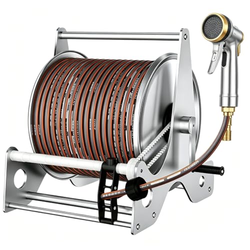 Azcabjie Stainless Steel Garden Hose Reel Cart Wall Mount & Floor Stand Combo B-50mHose