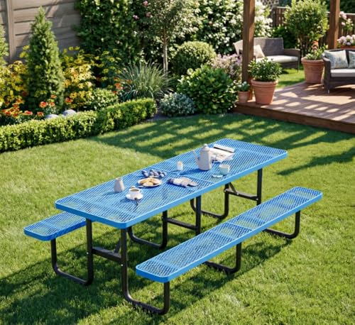 YZFfnte 96"x96" Heavy Duty Metal Picnic Table for 10, Galvanized Steel Outdoor Dining Table with Umbrella Hole & Mesh Top, 882 lbs Capacity Rustproof Camping Table for Garden, Patio, Park (Blue)