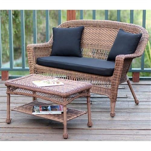 Jeco Wicker Patio Love Seat and Coffee Table Set with Black Cushion Honey