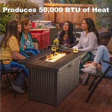 Nuu Garden Outdoor 43 Inch 50,000 BTU Propane Gas Fire Pit Table, Aluminum Tabletop and PE Rattan Weaved Steel Frame, Water-Proof Oxford Cover, Glass Fire Pit Wind Guard, Glass Beads, Lid, Dark Brown