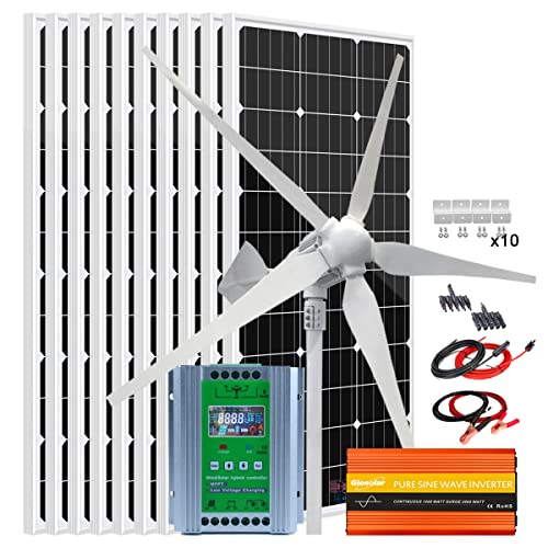 2000W Wind Solar Kit Off Grid Hybrid System with 2KW Power Inverter for 24V Battery Charge：1000W Wind Turbine Generator + 10pcs 100W Mono Solar Panel + Hybrid MPPT Charge Controller + Accessory