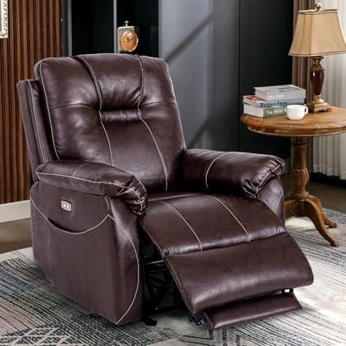 UOPYNE Power Lift Recliner Chair for Elderly with Massage and Heat, Leather Electric Leather Recliner, Comfortable Living Room Sofa with USB Ports, Side Pockets, Extended Footrest