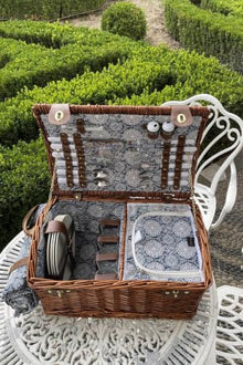 Handmade Wicker Picnic Basket Set for 4 People with Gingham Pattern, Wood, Insulated Compartment, Includes Cutlery, Plates, Glasses, and Water-Resistant Blanket - Brown and Blue