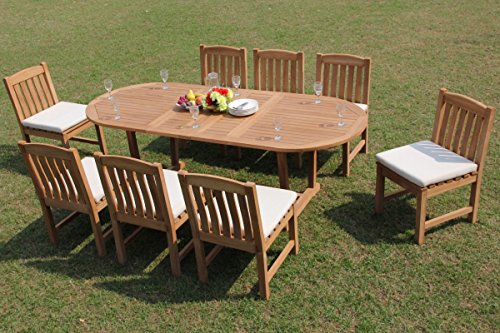 WholesaleTeakFurniture Grade-A Teak Wood 8 Seater 9 Pc Dining Set: 94" Mas Oval Trestle Leg Table and 8 Devon Armless Chairs #WFDSDV22