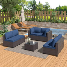 Kurapika 7-Piece Rattan Wicker Patio Furniture Set with Cushions and Glass Coffee Table Navy Blue