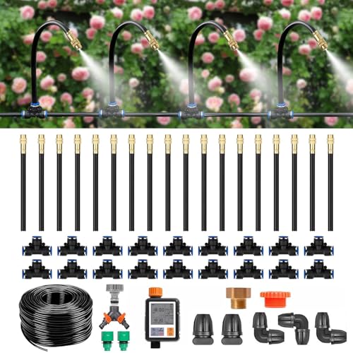 Quick-Connect Drip Irrigation System Kit With intelligent timer for Garden Watering System with Tubing Emitters and Accessories Plant Watering Devices for Greenhouse Lawn Patio,50m/164ft+Timer