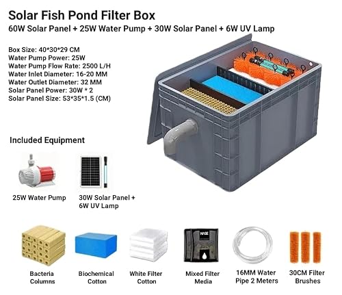 Pond Filter Box System with Submersible Pump and UV Lamp, Multi-Stage Bio Filtration with Bottom Drainage, Industrial-Grade PP Construction for Outdoor Garden Fish Ponds，Solar - 4m³