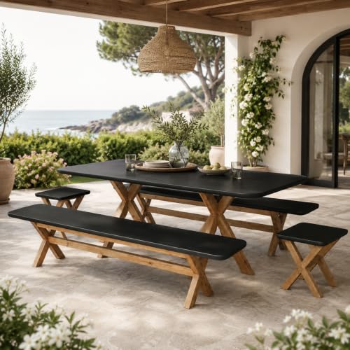Modern Indoor/Outdoor Matte Black 94.5" Poly-Fiber Dining Table with Acacia Wood Spider Base, 2 Benches & 2 Backless Stools with Acacia Wood Base