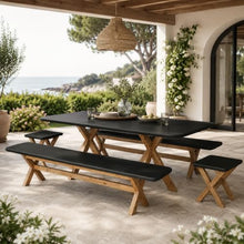 Modern Indoor/Outdoor Matte Black 94.5" Poly-Fiber Dining Table with Acacia Wood Spider Base, 2 Benches & 2 Backless Stools with Acacia Wood Base