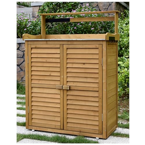 DFEDHF Wooden Garden Potting Bench Table with 3 Tier Shelves Waterproof Planting Work Bench for Outdoor Garden Storage and Organization Backyard Shed Tool Organizer (Brown 120x87x45cm)