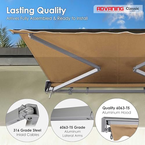 ADVANING Classic Series 8'X7' Electric Retractable Awning, 100% Acrylic UV+ Sun Shade Canopy, Canvas Umber (Solid), EA0807-A208H
