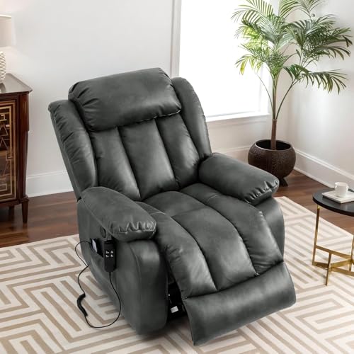 UOPYNE Power Lift Recliner Chair for Elderly, Oversized Electric Recliner with Heat Massage, USB Type C Ports, Leather Single Reclining Chair for Living Room, Gray
