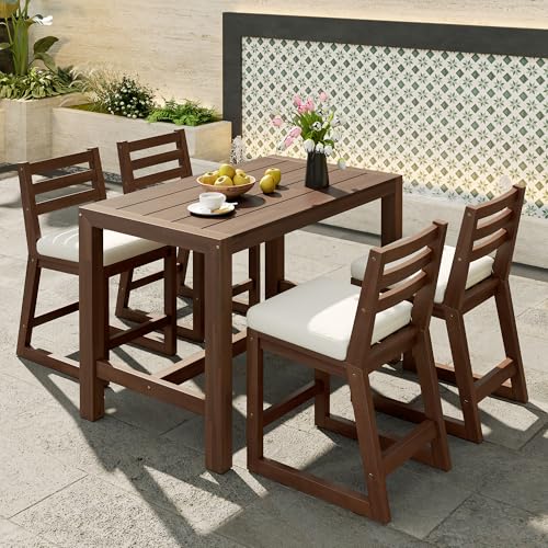 Merax 5-Piece Rustic Outdoor Patio Bar Set, Acacia Wood Patio Table and Chairs Set with Beige Cushion for Balcony Bistro Poolside Backyard Porch or Small Outdoor Spaces, All Weather, Mocha