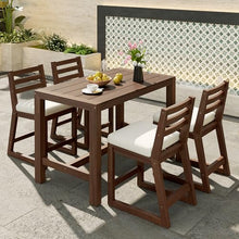 Merax 5-Piece Rustic Outdoor Patio Bar Set, Acacia Wood Patio Table and Chairs Set with Beige Cushion for Balcony Bistro Poolside Backyard Porch or Small Outdoor Spaces, All Weather, Mocha
