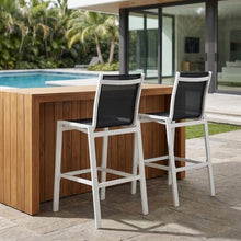 Outdoor Escape Black Fabric Outdoor Patio Barstool Set of 2, Cushioned Seat, 29-Inch Height, 17.5-Inch Wide, 16-Inch Deep, Contemporary Style