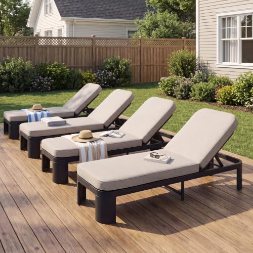 Merax Acacia Wood Outdoor Chaise Lounge Chair Set of 4 with Cushion, Black