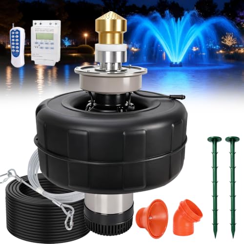 Pond Fountain Aerator-with Light RGB LED, 7-Color Tuning, Upgrade Brass Spray Head, 1HP/750W/15000GPH Pump, with 100FT Power Cord and Timer, Floating Pond Aerator for Ponds & Lakes,10 Year Warranty