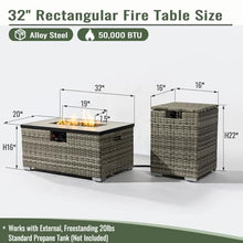 Propane Fire Pit Table with Tank Cover Set, 50000 BTU Rectangular Outdoor Gas Fireplace, Steel Burner Patio Heating Centerpiece with Lid, Wicker Base, Rain Cover, Glass Rocks Included (Beige)
