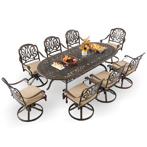 AIWOEN 9-Pcs Cast Aluminum Patio Dining Set with 8 Swivel Chairs,Bronze