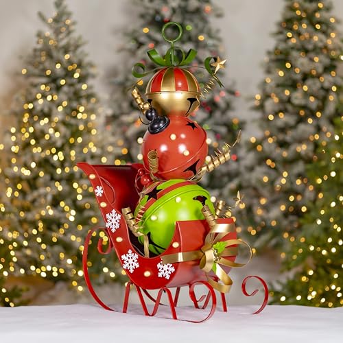 Zaer Ltd. Christmas Sleigh with Giant Jingle Bells, Light-Up Metal Decor, Battery Operated, Red and Green (Medium - 44" Tall)