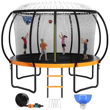 Zevemomo 14FT Outdoor Trampoline with Sprinkler, Basketball Hoop & Wind Stakes Orange