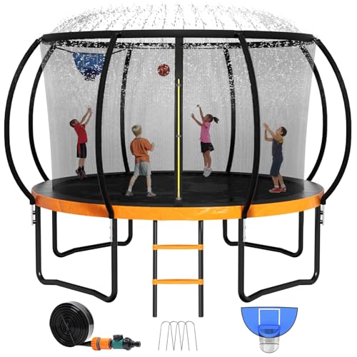 Zevemomo 14FT Outdoor Trampoline with Sprinkler, Basketball Hoop & Wind Stakes Orange
