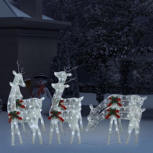 6 Pcs LED Lighted Reindeer Set, Outdoor Christmas Deer Decoration, Cold White Mesh Yard Figures with Red Bows, 8 Lighting Modes, USB Powered for Holiday Garden Decor